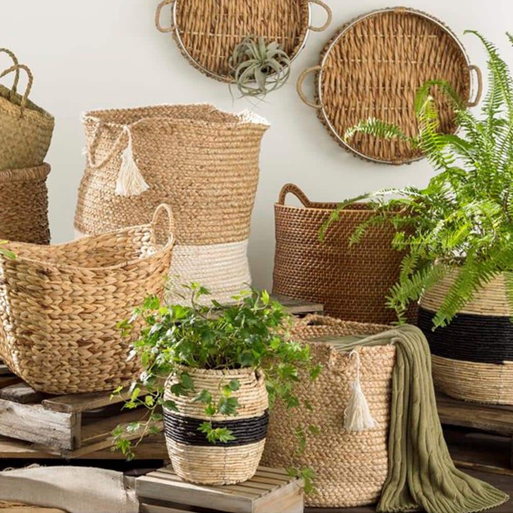Montego Natural & White Jute Round Storage Basket with Handles