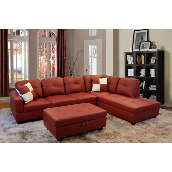Star Home Living 3 Piece Red Faux Leather 4 Seater Right Facing Chaise Sectional Sofa With Ottoman Sh094b The