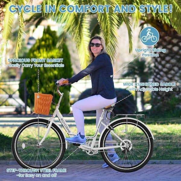 ABORON 24 in. Beach Cruiser Bike for Adult 7-Speed Commute Bike 2-Wheel Cruiser Bike for Women with Basket and Rack, White