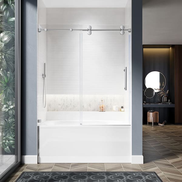 UNIKOO UKS04 56 to 60 in. W x 66 in. H Sliding Frameless Bathtub Door in Chrome with Enduro Shield 3/8 in. White Clear Glass