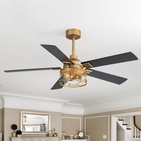 Castaneda 52 in. 2-Light Antique Gold Ceiling Fan with Light Kit, 5 Black/Brown Blades, Downrod and Remote Included