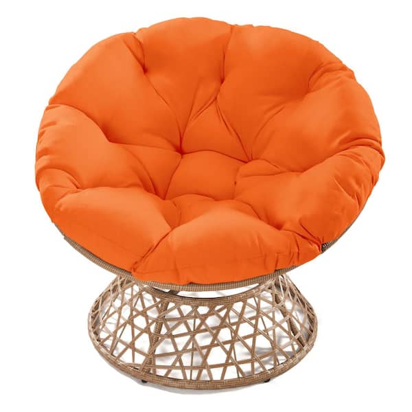 Sudzendf Brown Wicker Outdoor Papasan Chair Lounge Chair with Orange Cushion, 360° Swivel Base, Large Saucer Chair, Lazy Chair