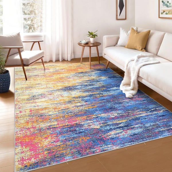 Colorful 9 ft. x 12 ft. Modern Abstract Soft Washable Polyester Area Rug