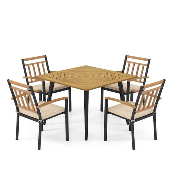 5-Piece Metal Farme Acacia Wood Tabletop Patio Outdoor Dining Set with 1.9 in. Umbrella Hole and Beige Cushions