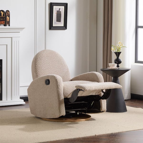 360 Swivel and Glider Almond Boucle Fabric Recliner Chair with Solid Wood Base