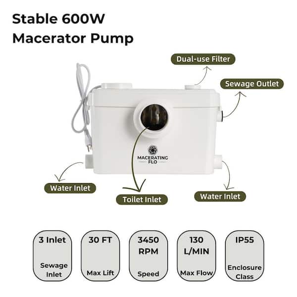 600W Macerating Toilet System, White Round Bowl Toilet 2-Piece 1.6 GPF Single Flush, 3-Inlets Upflush Pump for Basement