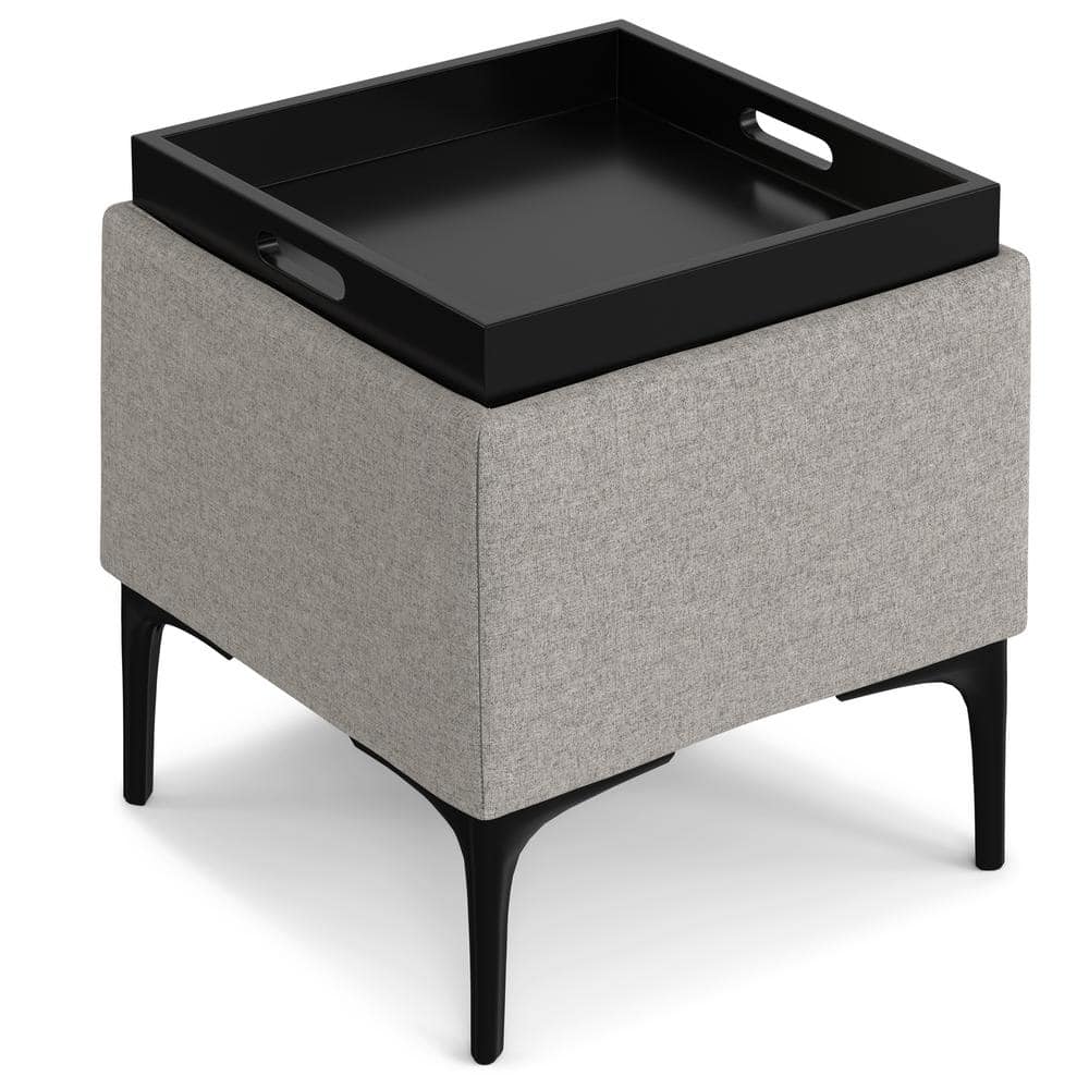 Cloud Grey Polyester Linen Storage Ottoman with Tray