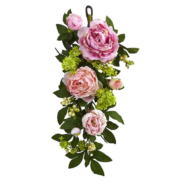 Nearly Natural 24 in. Artificial Mixed Peony and Hydrangea Teardrop