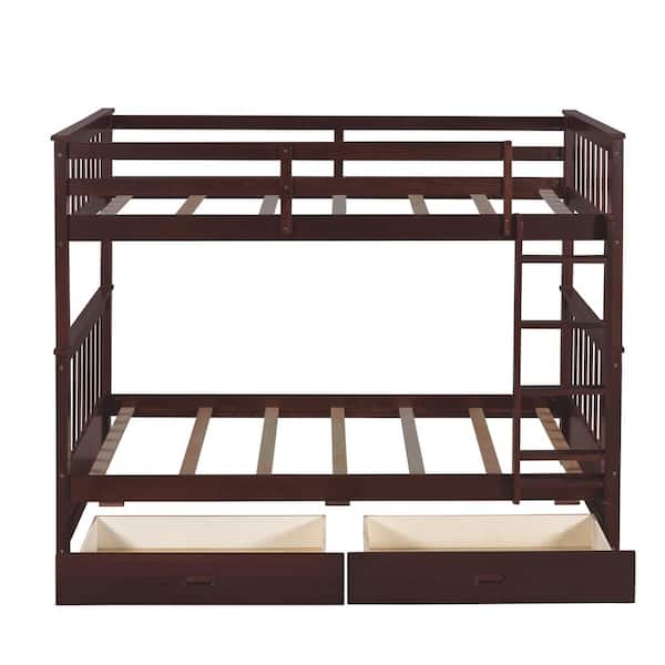 ANBAZAR Espresso Twin Over Twin Wood Bunk Bed with Two Storage Drawers, Solid Wood Kids Bunk Bed Frame with Ladder and Rail