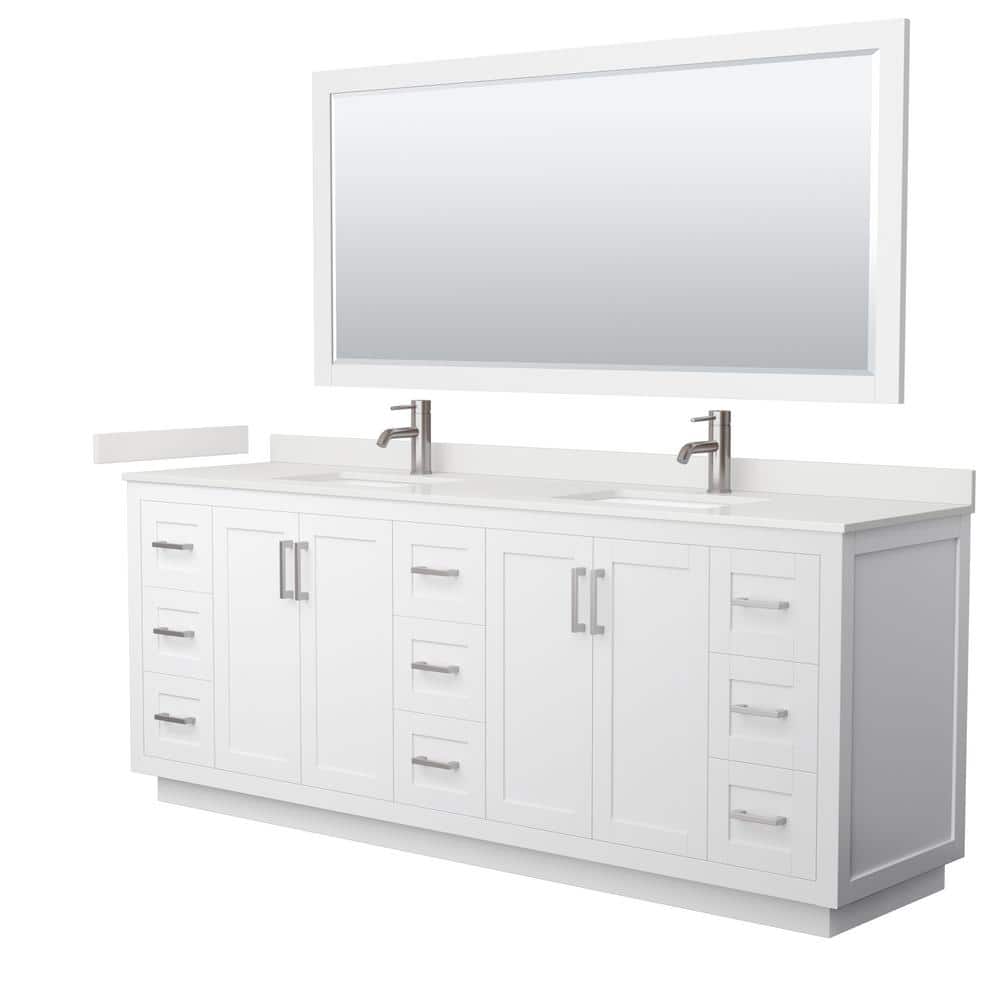 Wyndham Collection Miranda 84 in. W x 22 in. D x 33.75 in. H Double Bath Vanity in White with White Qt. Top and 70 in. Mirror, White with Brushed Nickel Trim -  840193358799