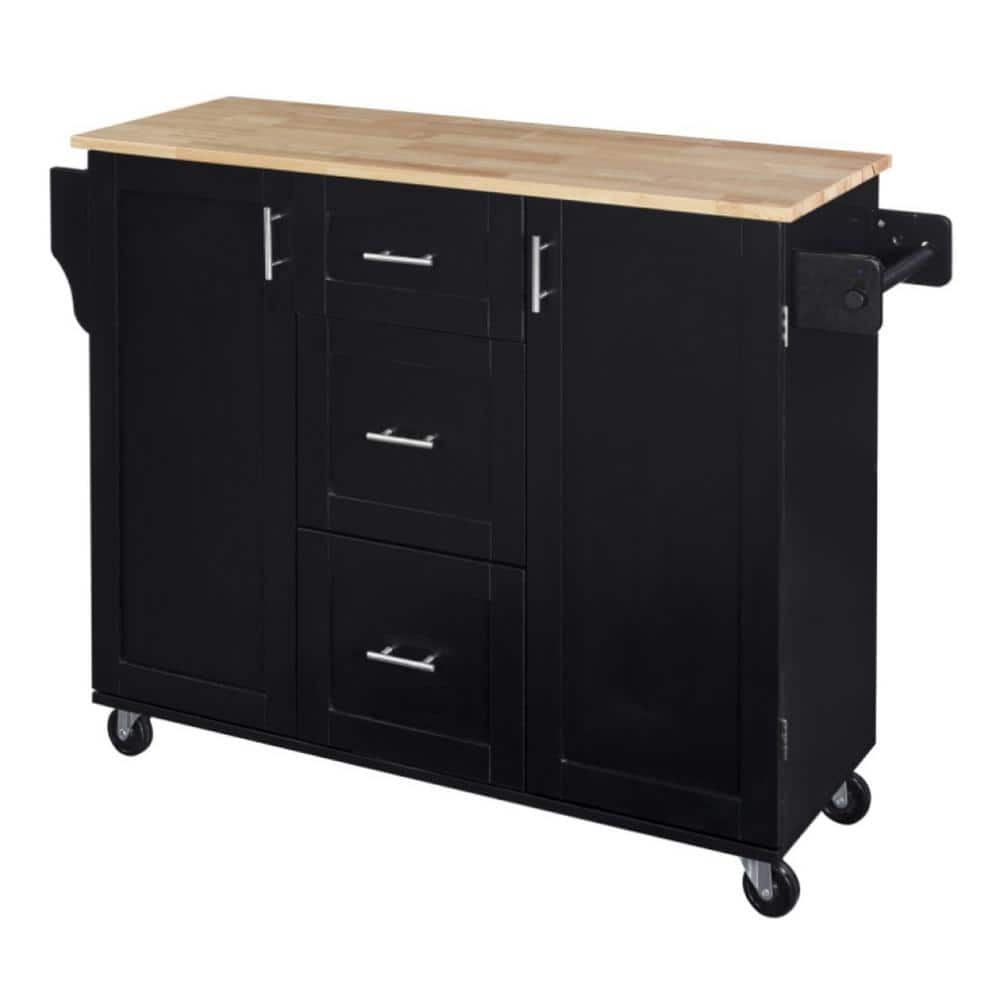 Black Wood 50 in. W Kitchen Island with Rubber Wood Top and 2SlideOut
