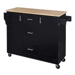 Black Wood 50 in. W Kitchen Island with Rubber Wood Top and 2-Slide-Out Shelf
