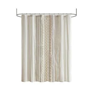 72 in. W x 72 in. L Cotton Printed Shower Curtain with Chenille Trim & Aztec Print, Machine Washable in Ivory