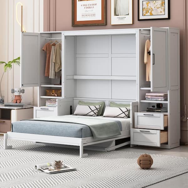 White Wood Frame Queen Size Murphy Bed with Closet, Drawers and Shelves