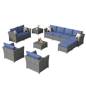 Bexley Gray 12-Piece Wicker Patio Conversation Seating Set with Denim Blue Cushions