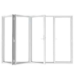 120 in. x 80 in. Left Swing/Outswing Double Tempered Glass White Aluminum Folding Patio Door