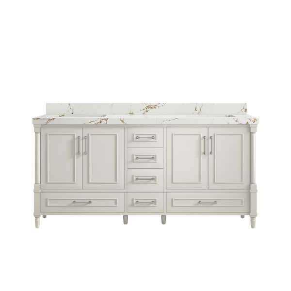 Willow Collections Hudson 72 in. Double Sink Freestanding Alabaster Bath Vanity with Viola Brown Quatrz Top Unassembled
