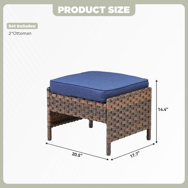 RoundEase Brown Wicker Outdoor Ottoman with Blue Cushions and Edge Support Design (2-Pack)