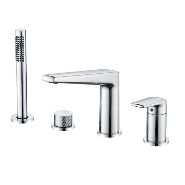 Single-Handle Deck-Mount Roman Tub Faucet with Handheld Shower Modern Brass 4 Holes Bathtub Filler in Polished Chrome