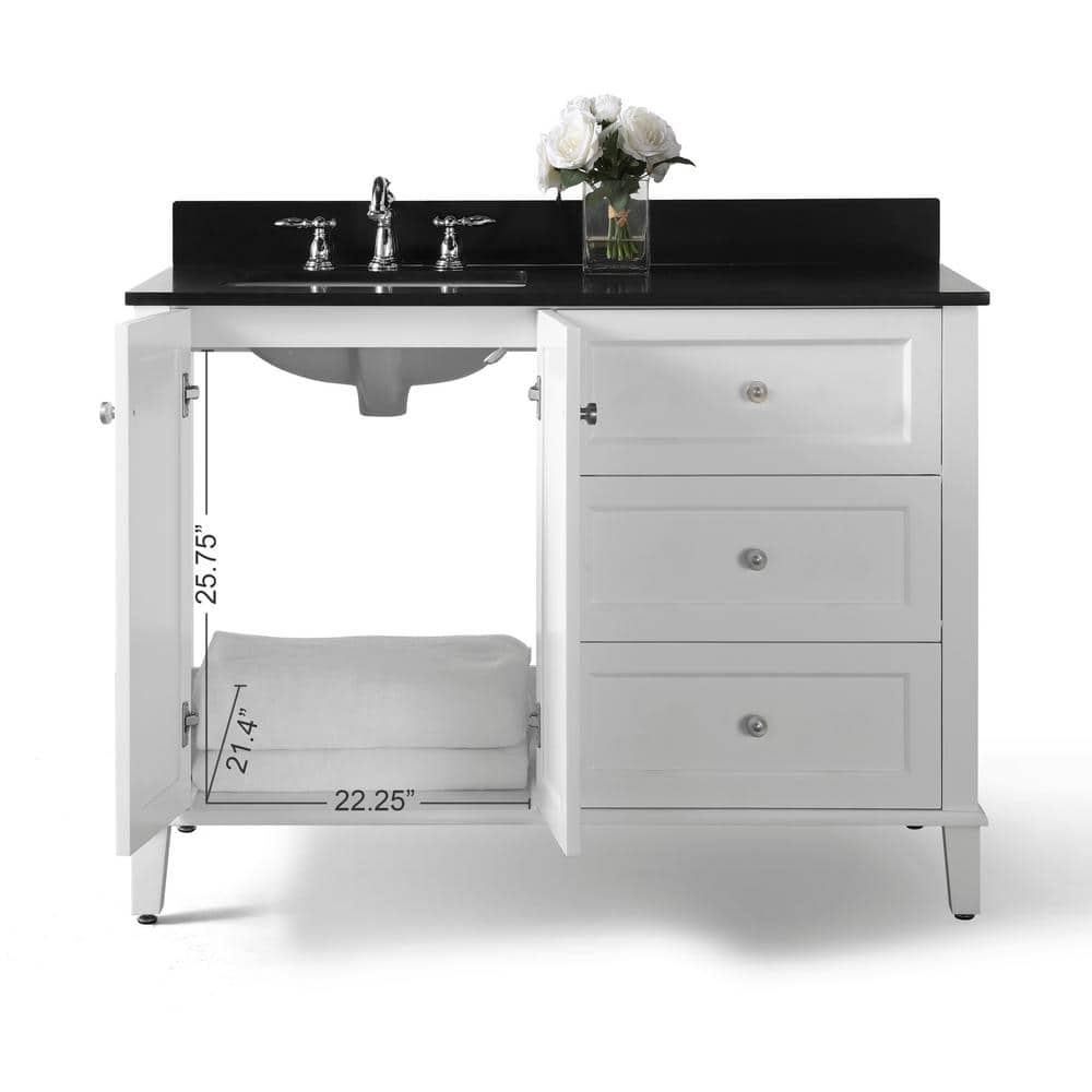 Hannah 48'' White Wood Freestanding Vanity with Black Quartz Top