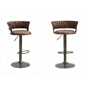 38 in. Swivel Adjustable Height Anti-Bronze Metal Frame Cushioned Bar Stool with Brown PU Leather Seat (Set of 2)