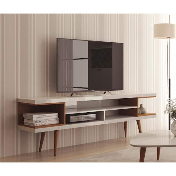 Utopia 70.47 in. White Gloss and Maple Cream Composite Wood TV Stand Fits TVs Up to 65 in. with Cable Management