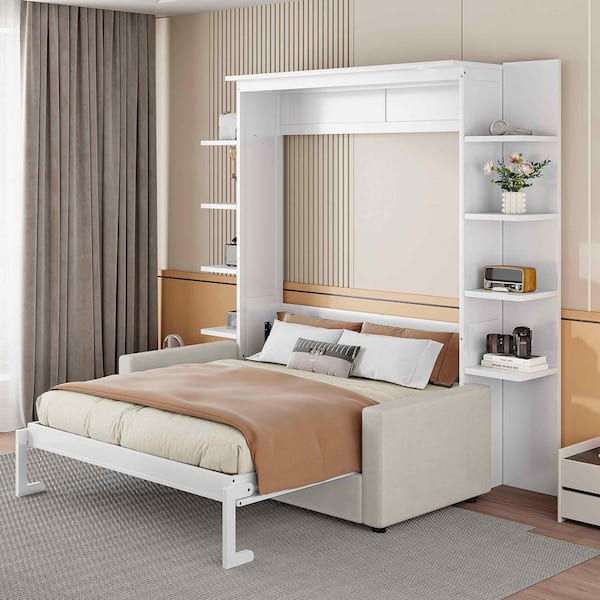 White Wood Frame Queen Size Murphy Bed with Sofa