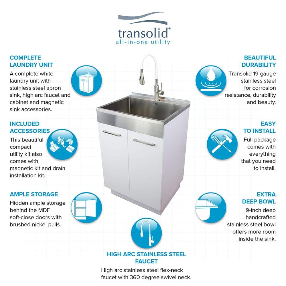 24-Inch White Freestanding Stainless Steel Laundry Sink with Faucet