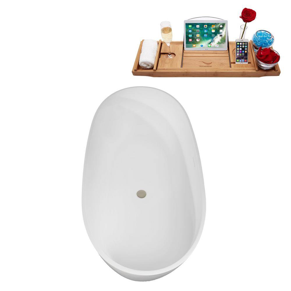 59" Glossy White Acrylic Freestanding Soaking Bathtub with Bamboo Tray