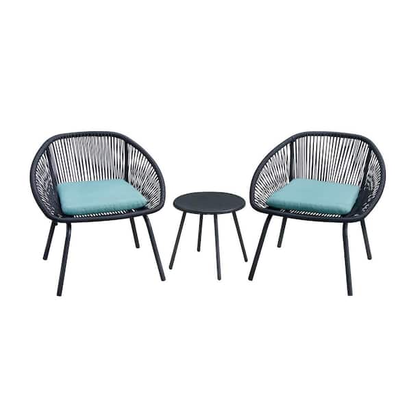Willit 3-Piece Wicker Round Short Outdoor Bistro Set with Blue Cushion