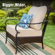 Black Rattan 4-Piece Steel Outdoor Patio Conversation Set with Beige Cushions & Square Wicker Fire Pit Table