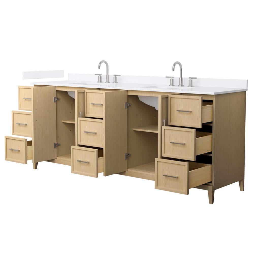 Elan 84-Inch Double Vanity in White Oak with Nickel Trim and White Quartz Top