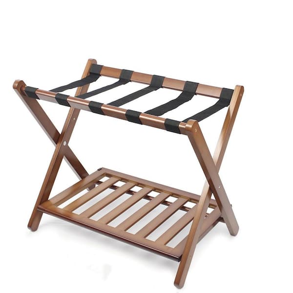 Fully Assembled Walnut Bamboo Luggage Rack with Shoe Shelf, Folding Suitcase Stand with 5 Heavy-Duty Straps