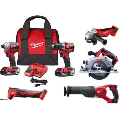 M18 18-Volt Lithium-Ion Cordless Compact Drill/Impact/Multi-Tool/Circular Saw/Recip Saw Combo Kit (5-Tool) W/ Grinder