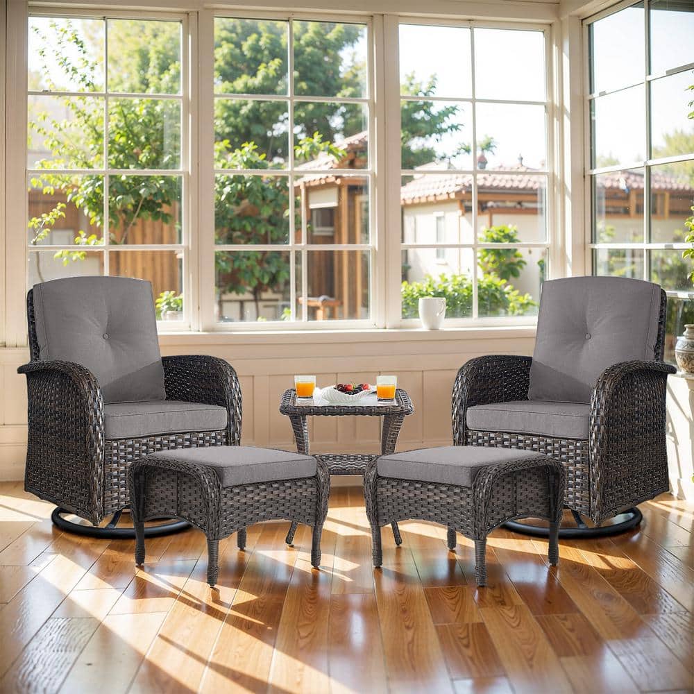 Brown 5-Piece Wicker Patio Conversation Set with Swivel Rockers, Balcony Conversation Set with Gray Cushions price history on PriceWatchPro