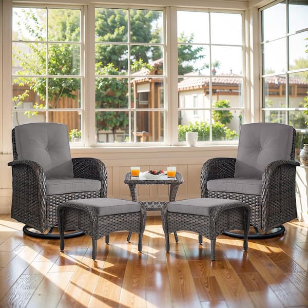 Opohoro Brown 5-Piece Wicker Patio Conversation Set with Swivel Rockers, Balcony Conversation Set with Gray Cushions
