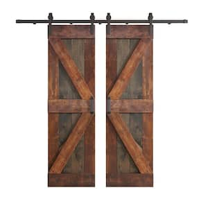 K Series 48 in. x 84 in. Aged Barrel/Dark Walnut Knotty Pine Wood Double Sliding Barn Door with Hardware Kit