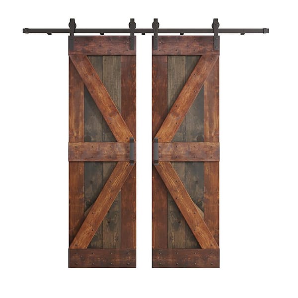 COAST SEQUOIA INC K Series 48 in. x 84 in. Aged Barrel/Dark Walnut Knotty Pine Wood Double Sliding Barn Door with Hardware Kit