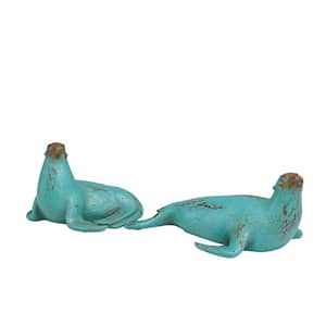 Teal Polystone Distressed Sea Lion Sculpture with Brown Wood Inspired Accents (Set of 2)