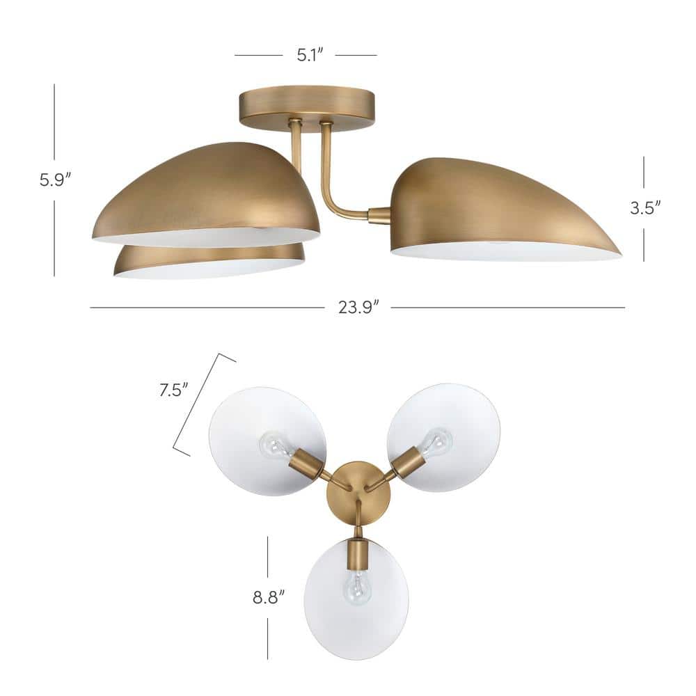 Argo 24" Brass and Glass 3-Light Semi-Flush Mount