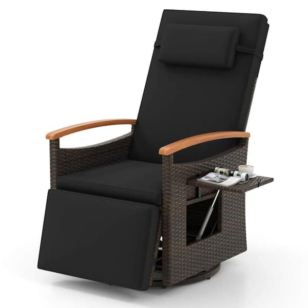 Wicker Outdoor 360° Swivel Recliner Chair Patio Chaise Lounge Chair with Black Cushions