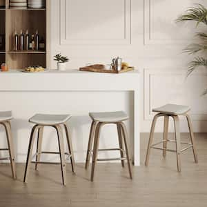 25 in. Counter Height Stool in Leather with Poplar Wood Legs 360 sq. Swivel Seat in Washed Walnut/Light Grey