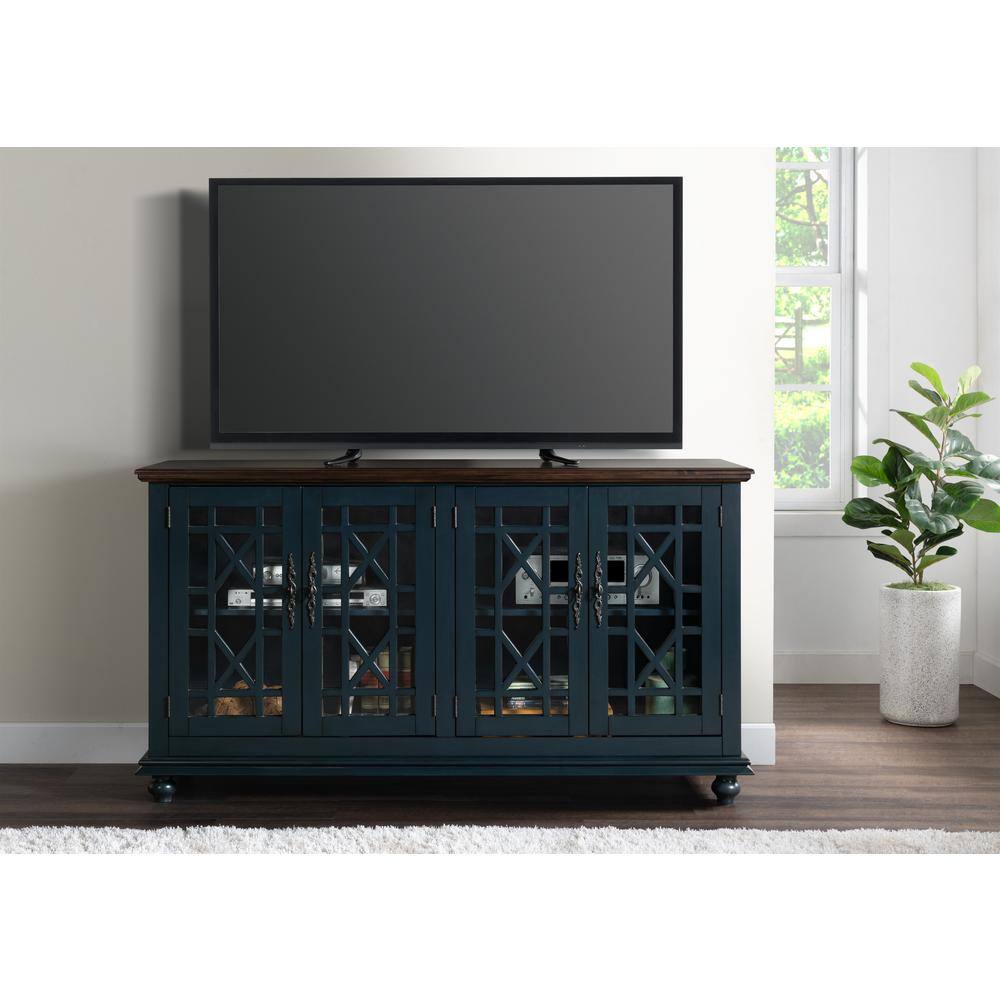 Antique Blue and Walnut 63" TV Stand with Cabinets