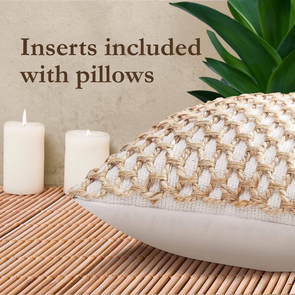 Jada 20'' Square White and Jute Boho Throw Pillow Set