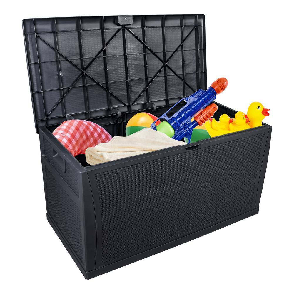 Black Plastic Wicker Lockable Deck Box with 120 Gallon Capacity