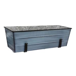 11 in. x 24 in. Rectangle Nantucket Blue Galvanized Steel Flower Window Box with Black Wrought Iron Clamp-On Brackets