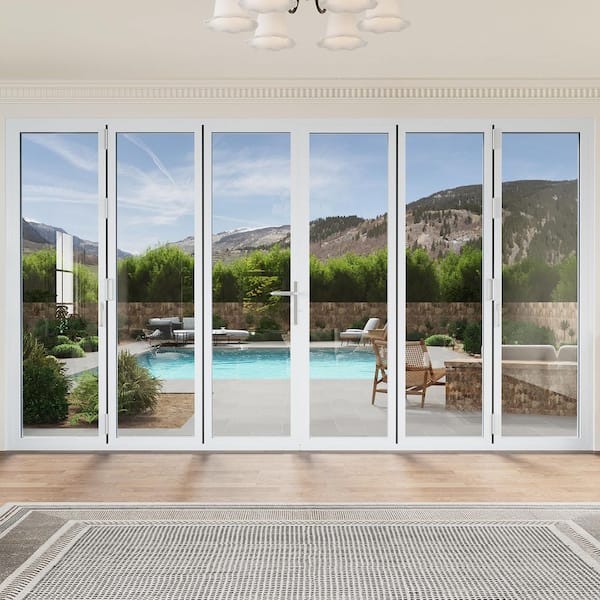 192 in. x 96 in. Bi-Parting Double Tempered Glass White Aluminum Folding Patio Door