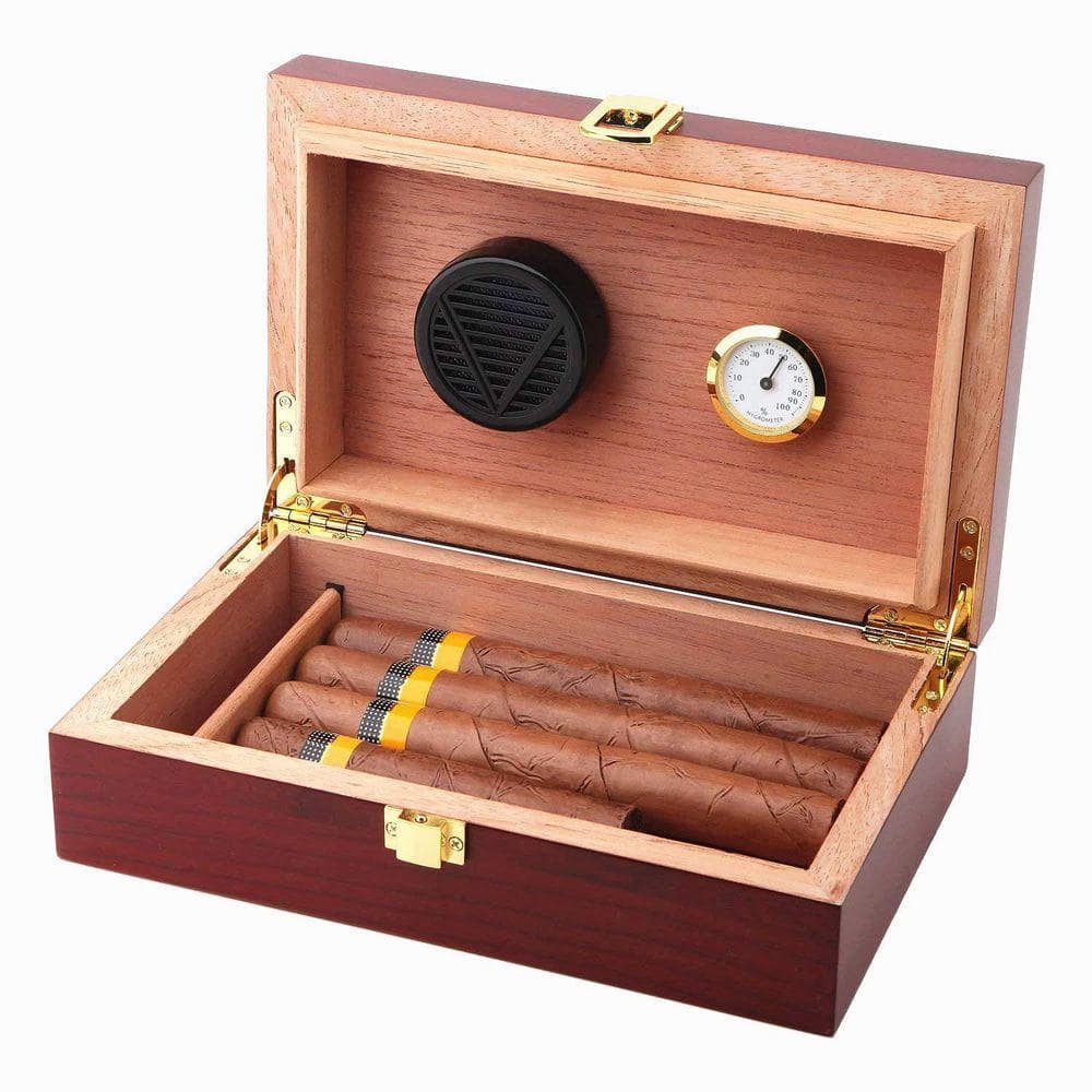 9 in. W x 2.7 in. H Rich Cherry Finish Wooden Cigar Humidor Box with  Hygrometer and Humidifier, Front-Mount Clasp Lock SA1059B264