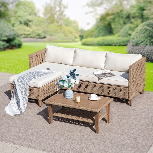 Brown 3-Piece Wood Outdoor Wicker Patio Conversation Sectional Seating Set with Beige Cushions