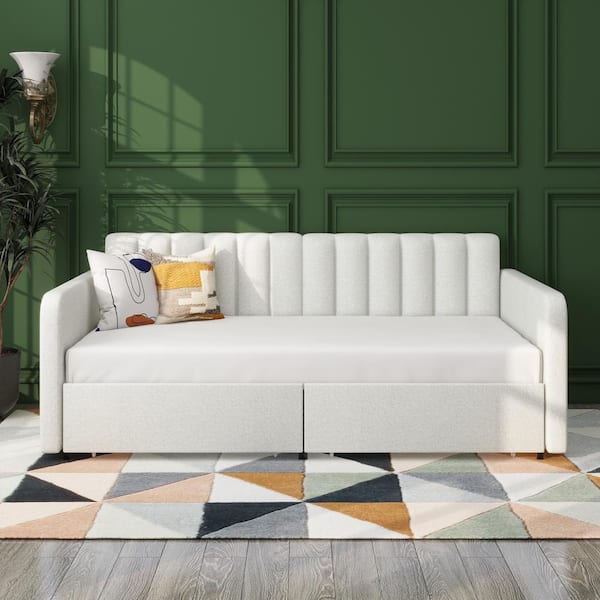 Noble House Ninal Modern Boucle Twin Size Daybed with Drawers, Upholstered, Ivory